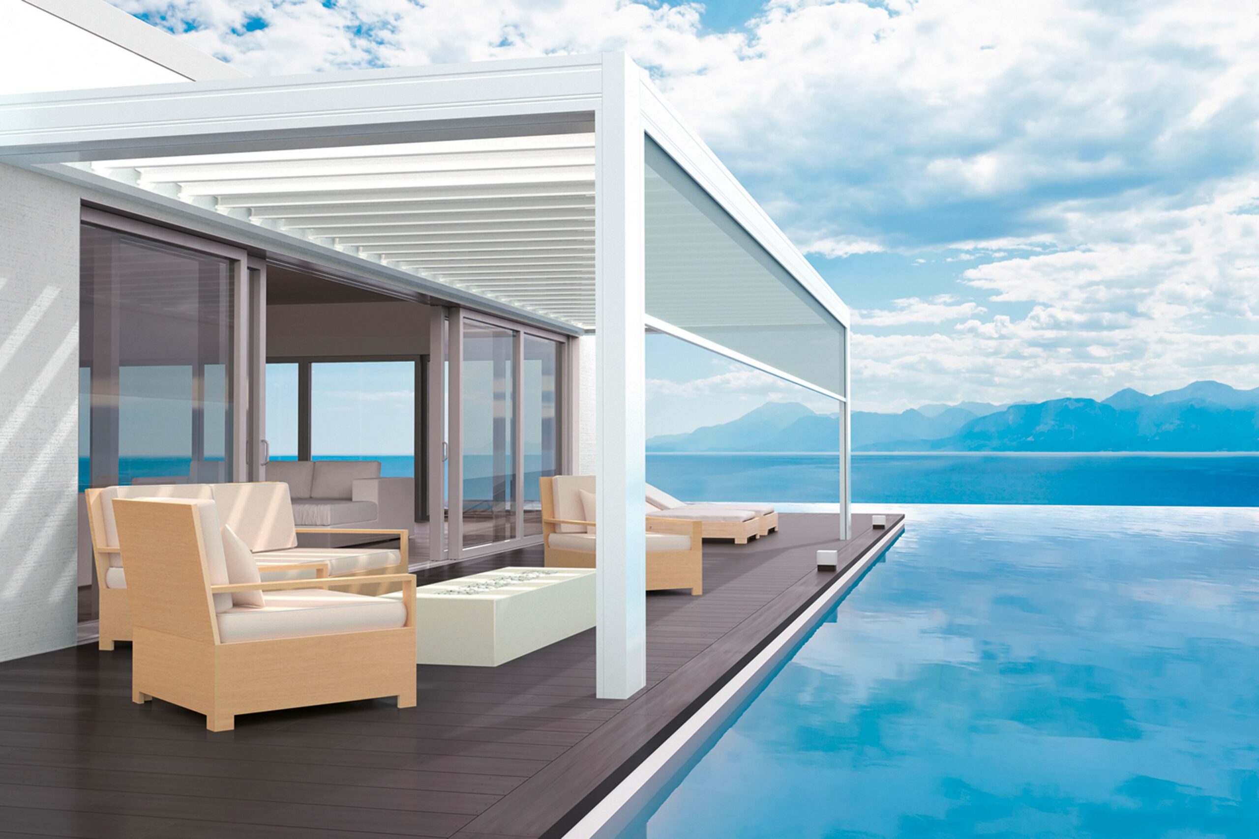 Pergola bioclimatique à lames orientables équipée d'un store latéral transparent