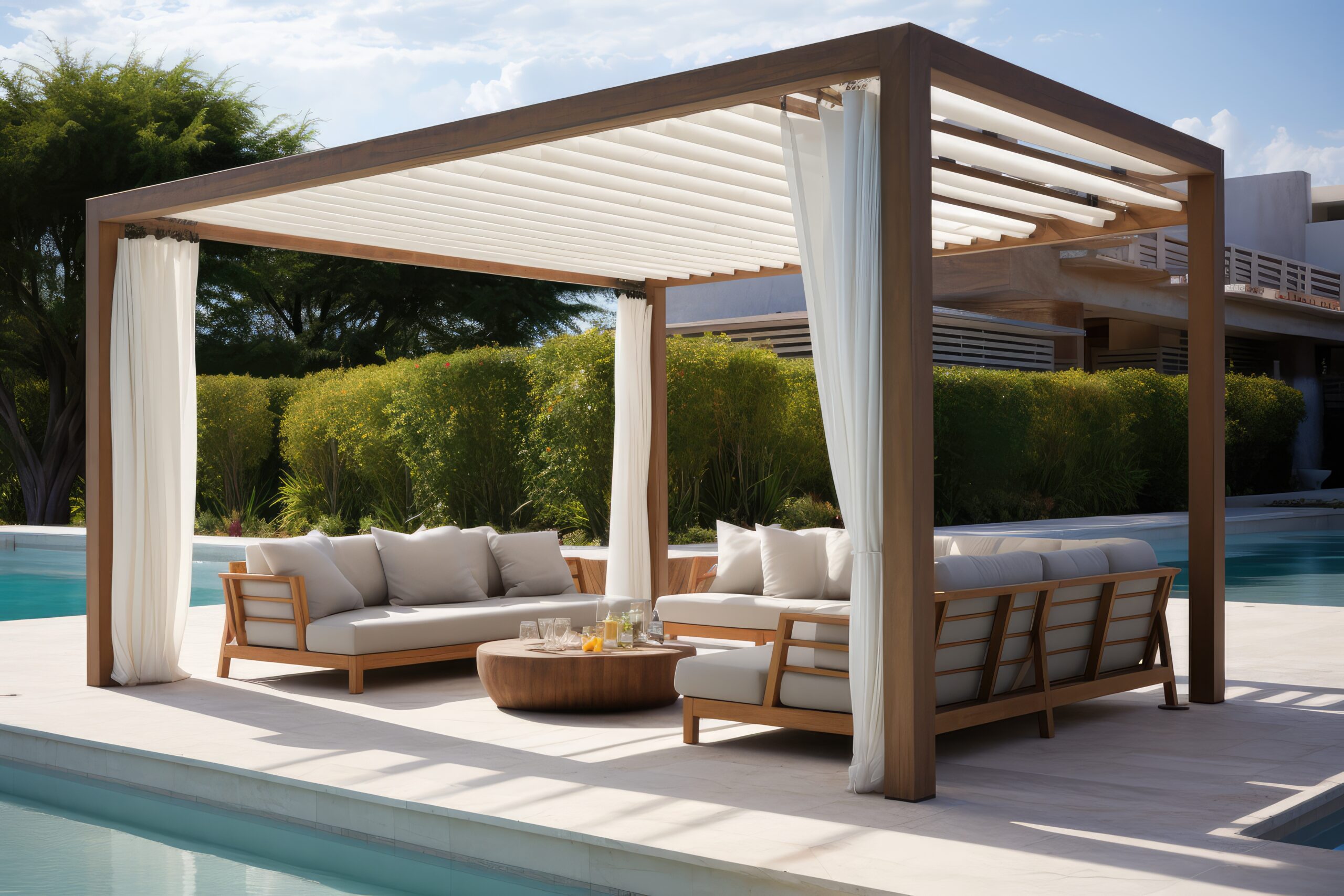 Une pergola bioclimatique avec des rideaux blancs abritant un salon située sur une plateforme entourée par une piscine, donnant l'impression d'un îlot de détente.