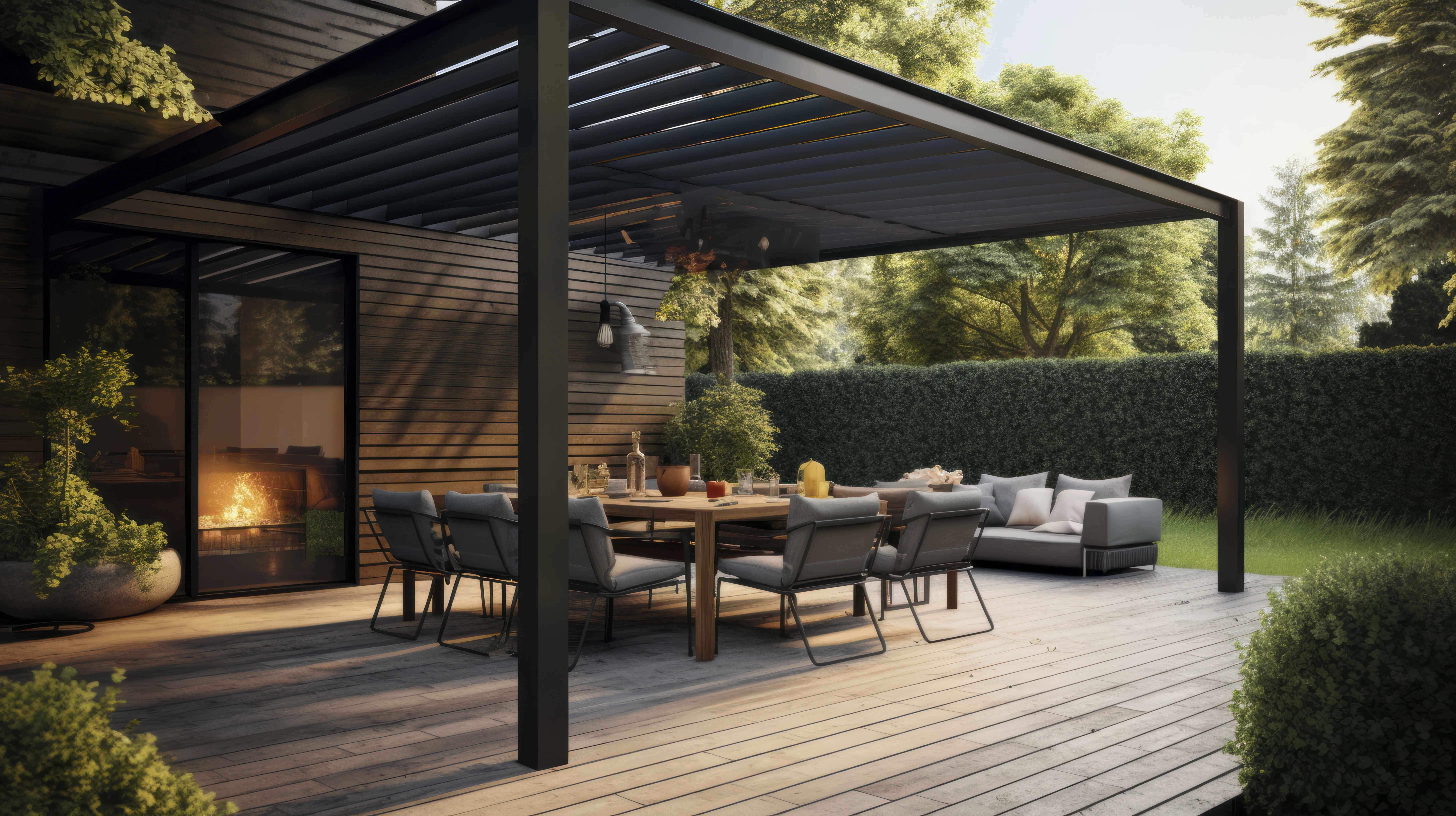 Magnifique pergola bioclimatique qui abrite un salon de jardin sur une terrasse en bois