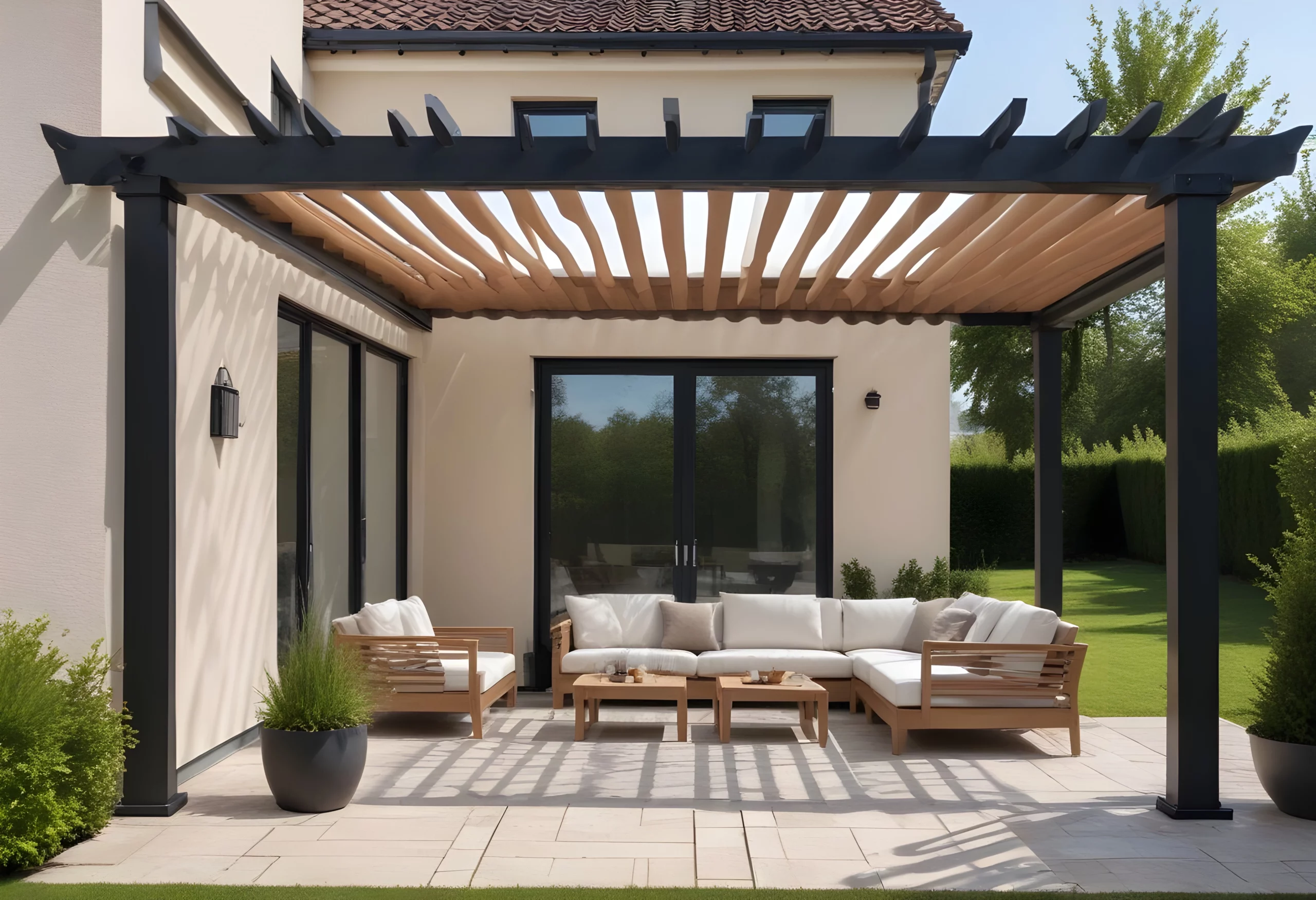 Pergola bioclimatique fixée sur une façade